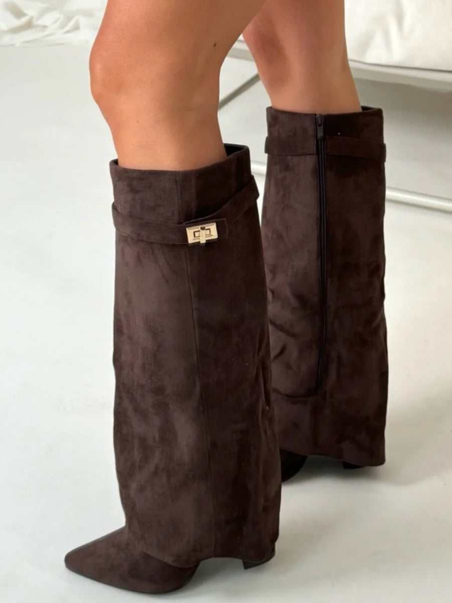Women's Knee High Boots with Wide Flare Top and Block Heel