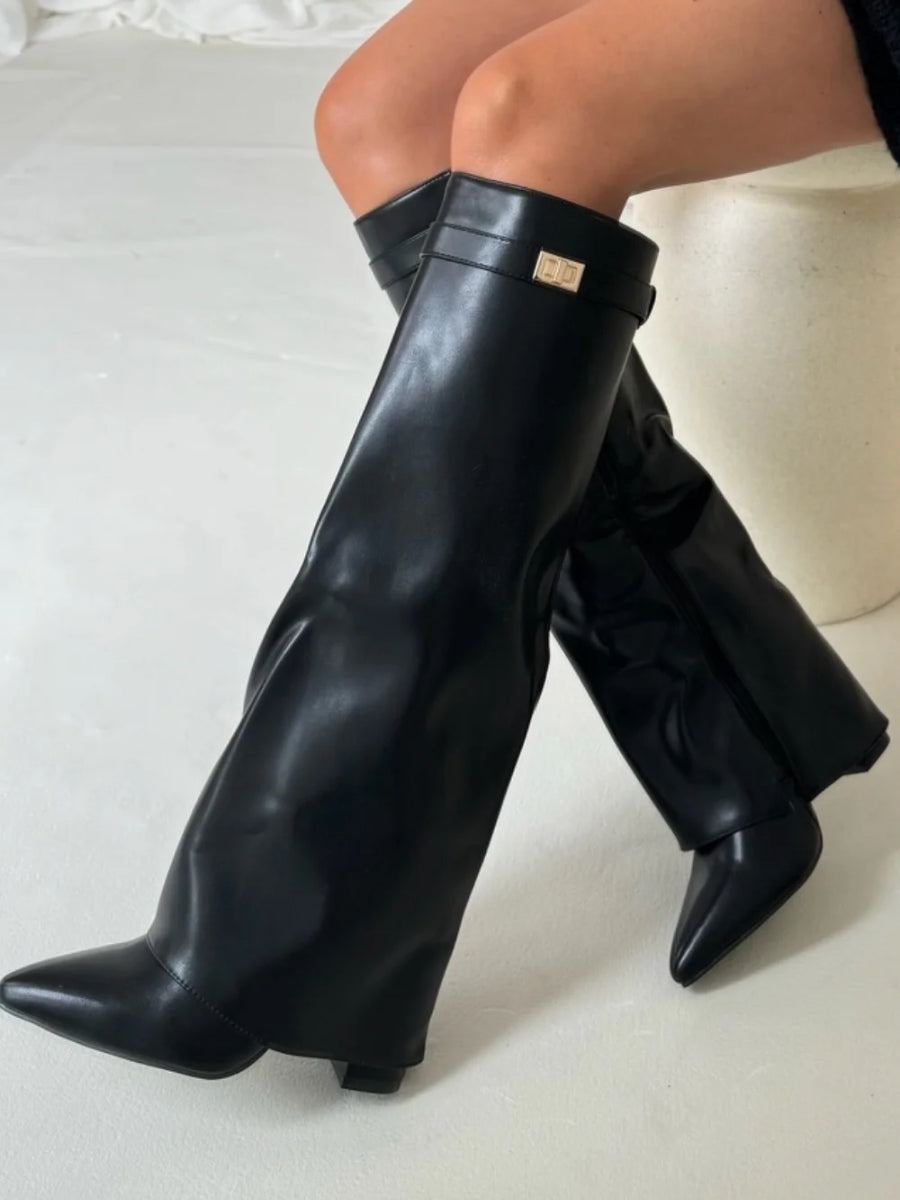 Women's Knee High Boots with Wide Flare Top and Block Heel