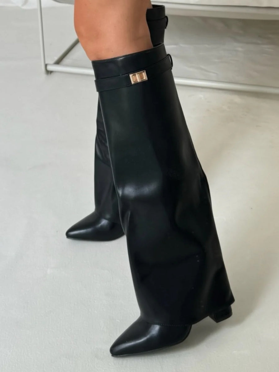 Women's Knee High Boots with Wide Flare Top and Block Heel