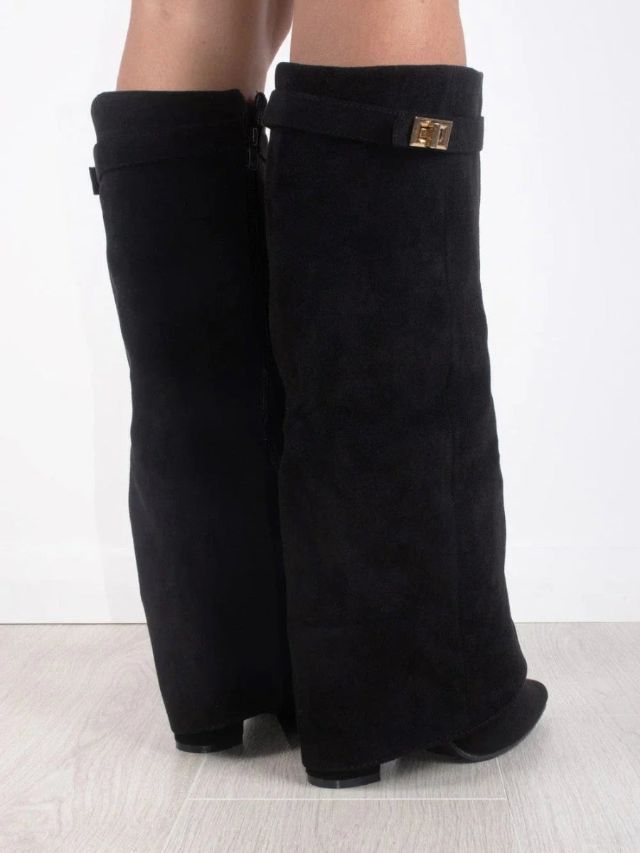 Women's Knee High Boots with Wide Flare Top and Block Heel