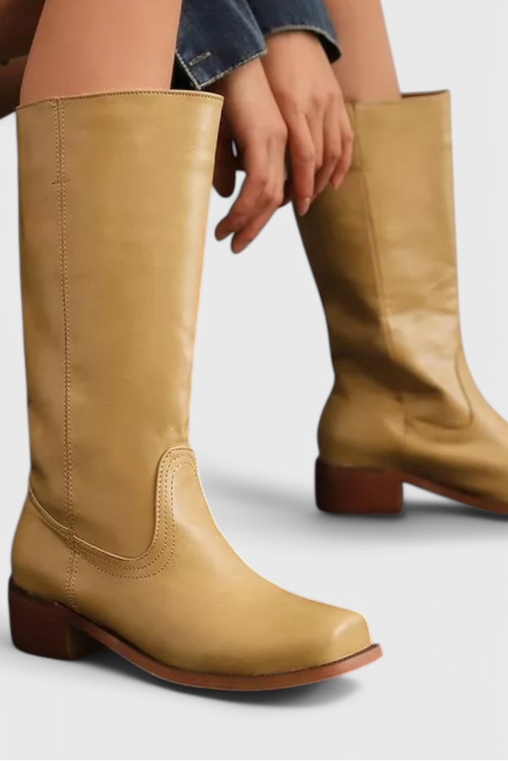 Women's Knee High Boots with Stacked Heel and Classic Round Toe