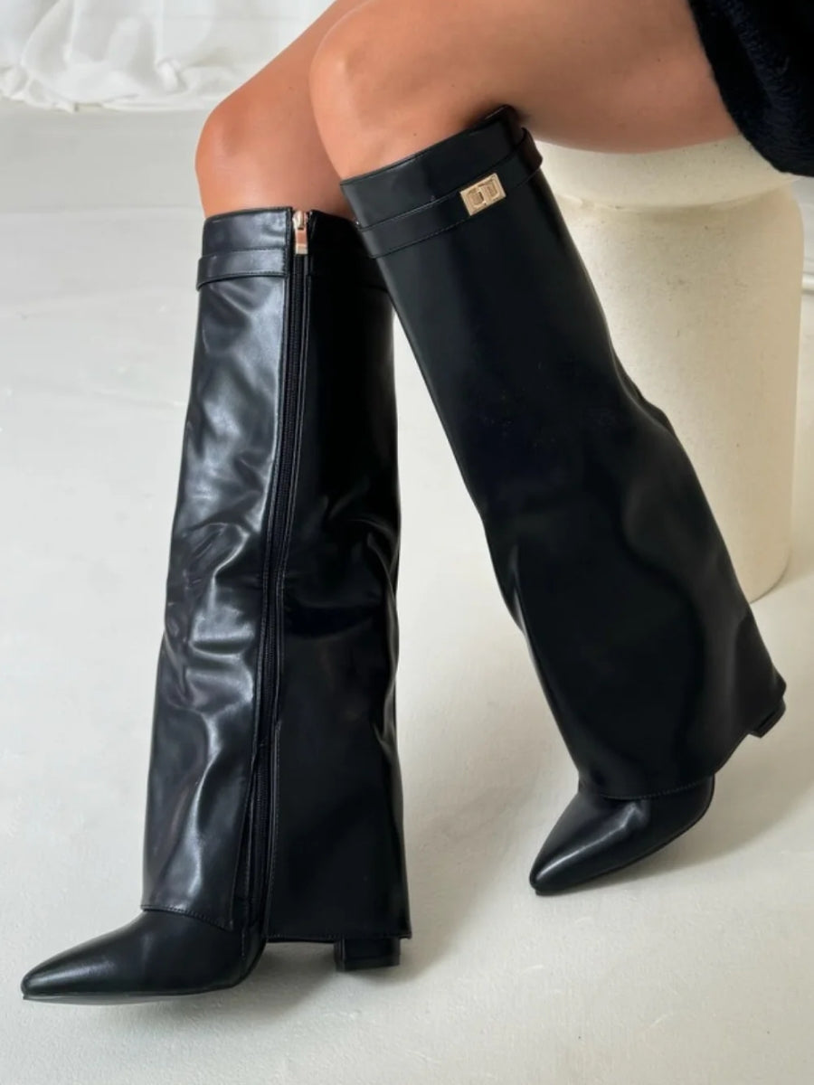 Women's Knee High Boots with Wide Flare Top and Block Heel