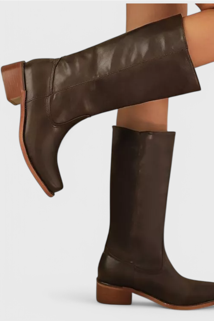 Women's Knee High Boots with Stacked Heel and Classic Round Toe