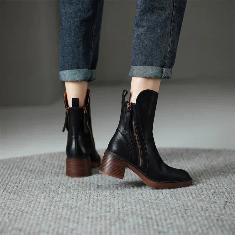 Women’s Zip-Up Ankle Boots with Block Heel and Side Zipper Detail